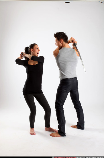 Man & Woman Adult Athletic White Fighting with sword Standing poses Casual