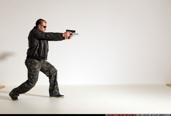 Man Adult Athletic White Fighting with gun Moving poses Jacket