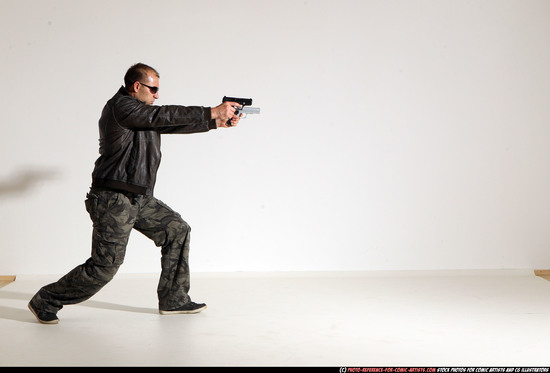 Man Adult Athletic White Fighting with gun Moving poses Jacket