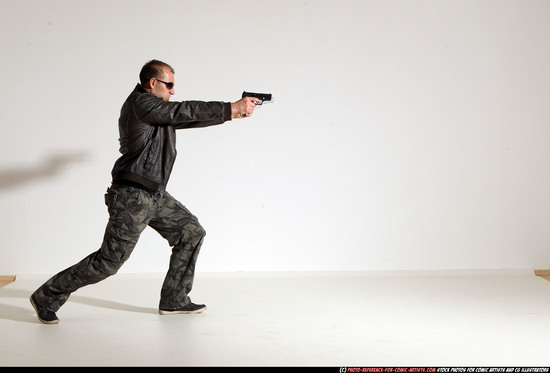 Man Adult Athletic White Fighting with gun Moving poses Jacket