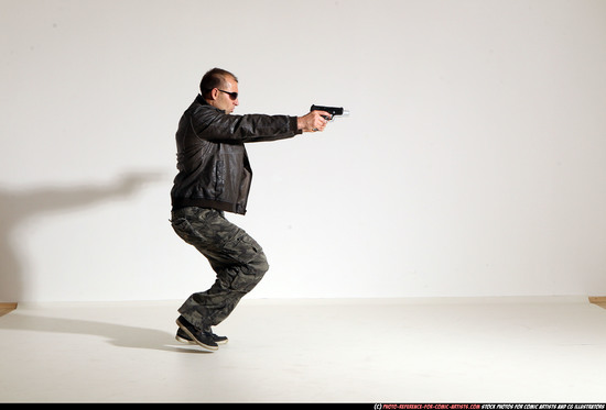 Man Adult Athletic White Fighting with gun Moving poses Jacket