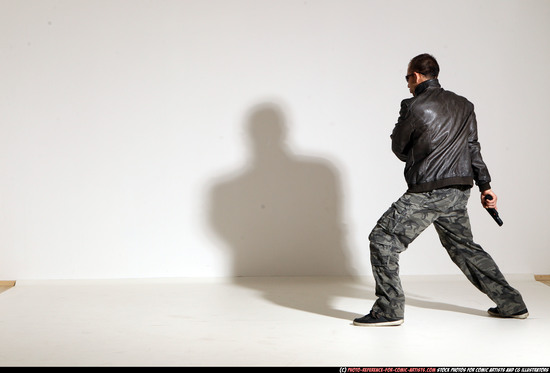 Man Adult Athletic White Fighting with gun Moving poses Jacket