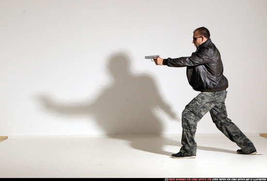 Man Adult Athletic White Fighting with gun Moving poses Jacket