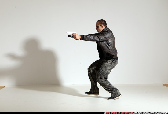 Man Adult Athletic White Fighting with gun Moving poses Jacket