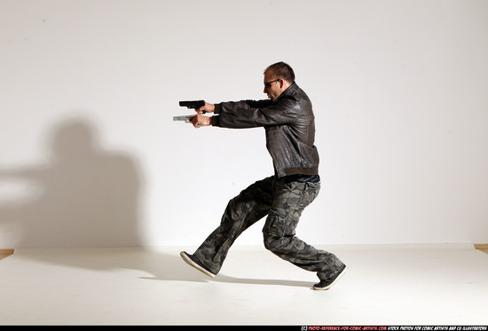 Man Adult Athletic White Fighting with gun Moving poses Jacket