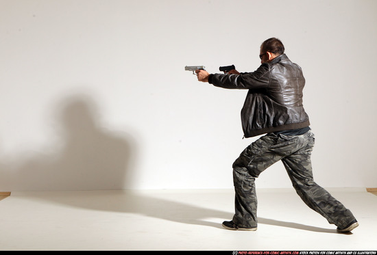 Man Adult Athletic White Fighting with gun Moving poses Jacket