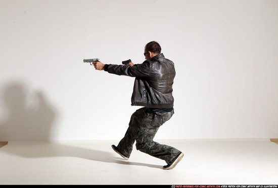 Man Adult Athletic White Fighting with gun Moving poses Jacket