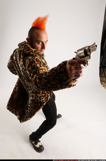 Man Adult Athletic White Fighting with gun Moving poses Coat