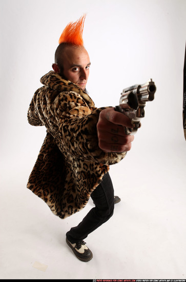 Man Adult Athletic White Fighting with gun Moving poses Coat