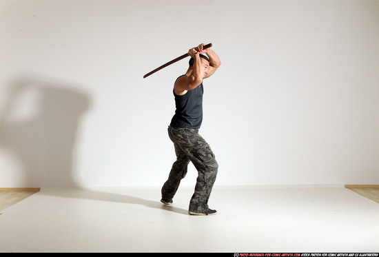 Man Adult Athletic White Fighting with sword Moving poses Casual