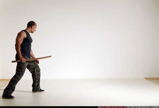 Man Adult Athletic White Fighting with sword Moving poses Casual