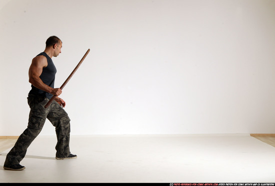 Man Adult Athletic White Fighting with sword Moving poses Casual