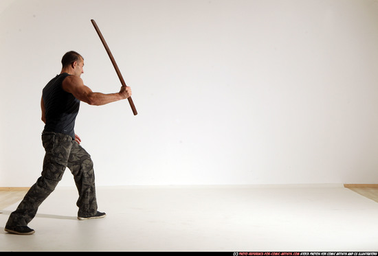 Man Adult Athletic White Fighting with sword Moving poses Casual