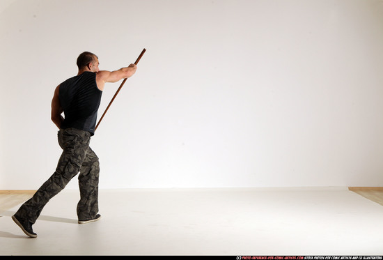 Man Adult Athletic White Fighting with sword Moving poses Casual