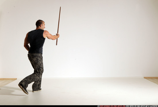 Man Adult Athletic White Fighting with sword Moving poses Casual