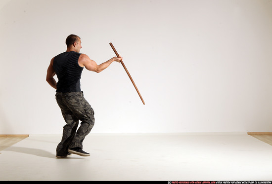 Man Adult Athletic White Fighting with sword Moving poses Casual