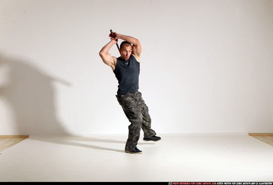 Man Adult Athletic White Fighting with sword Moving poses Casual