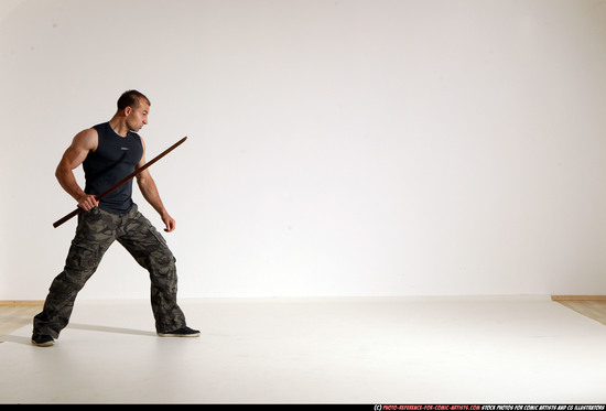 Man Adult Athletic White Fighting with sword Moving poses Casual