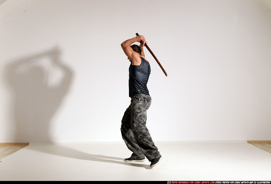 Man Adult Athletic White Fighting with sword Moving poses Casual