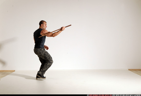 Man Adult Athletic White Fighting with sword Moving poses Casual