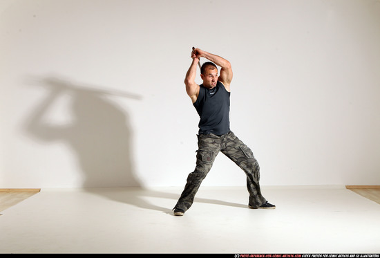 Man Adult Athletic White Fighting with sword Moving poses Casual