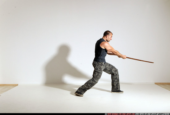 Man Adult Athletic White Fighting with sword Moving poses Casual