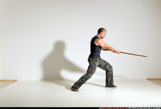 Man Adult Athletic White Fighting with sword Moving poses Casual