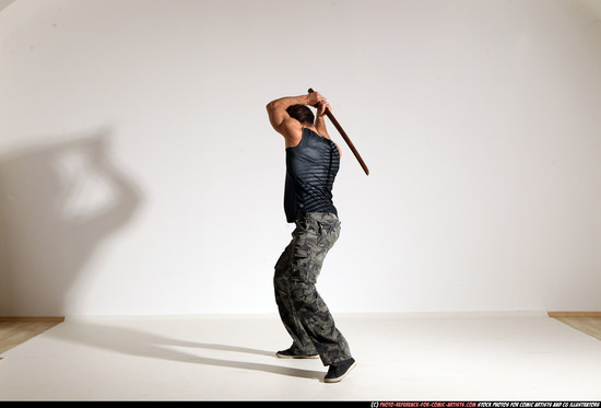 Man Adult Athletic White Fighting with sword Moving poses Casual