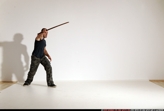 Man Adult Athletic White Fighting with sword Moving poses Casual