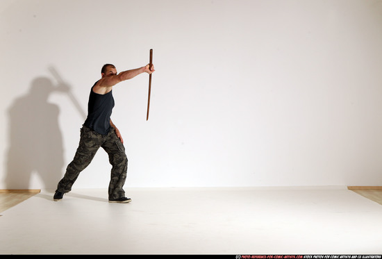 Man Adult Athletic White Fighting with sword Moving poses Casual