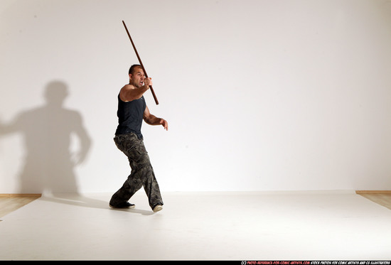 Man Adult Athletic White Fighting with sword Moving poses Casual