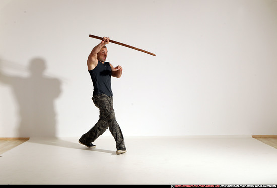 Man Adult Athletic White Fighting with sword Moving poses Casual