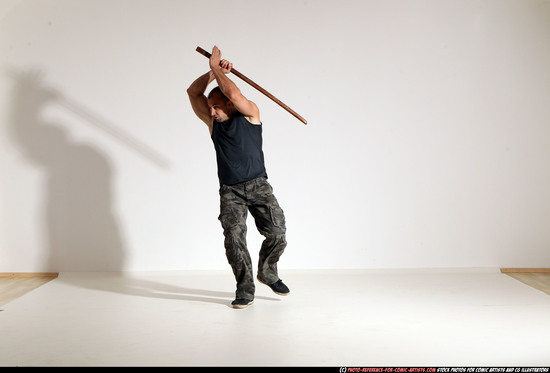 Man Adult Athletic White Fighting with sword Moving poses Casual