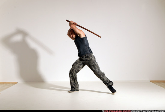 Man Adult Athletic White Fighting with sword Moving poses Casual