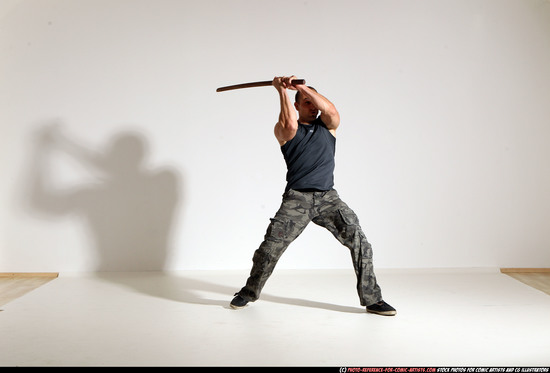 Man Adult Athletic White Fighting with sword Moving poses Casual