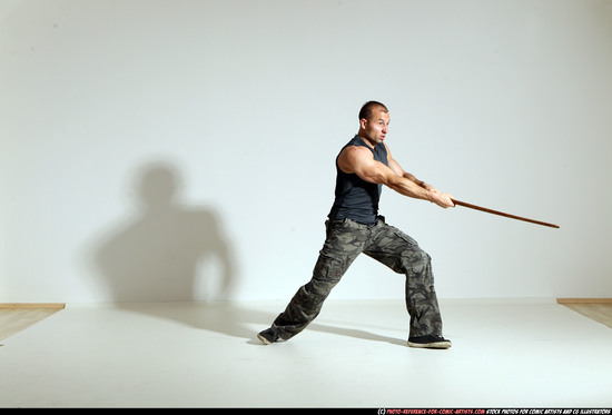 Man Adult Athletic White Fighting with sword Moving poses Casual