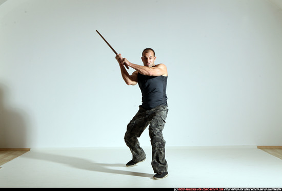 Man Adult Athletic White Fighting with sword Moving poses Casual