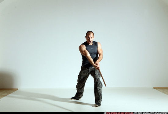 Man Adult Athletic White Fighting with sword Moving poses Casual