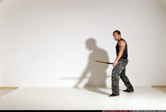 Man Adult Athletic White Fighting with sword Moving poses Casual