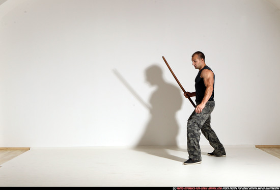 Man Adult Athletic White Fighting with sword Moving poses Casual