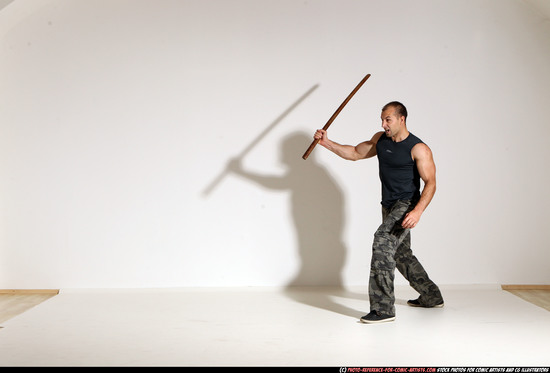 Man Adult Athletic White Fighting with sword Moving poses Casual