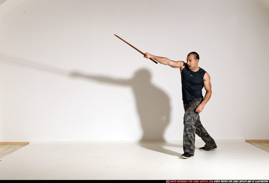 Man Adult Athletic White Fighting with sword Moving poses Casual