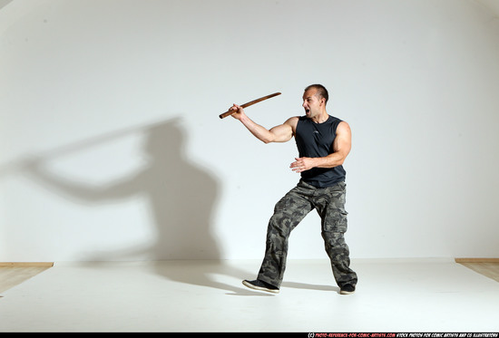 Man Adult Athletic White Fighting with sword Moving poses Casual