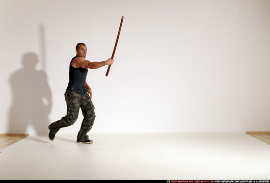 Man Adult Athletic White Fighting with sword Moving poses Casual