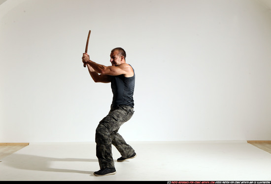 Man Adult Athletic White Fighting with sword Moving poses Casual