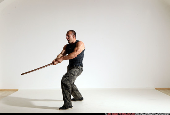 Man Adult Athletic White Fighting with sword Moving poses Casual