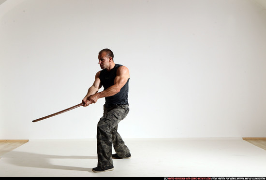 Man Adult Athletic White Fighting with sword Moving poses Casual