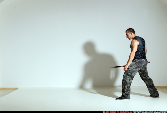 Man Adult Athletic White Fighting with sword Moving poses Casual