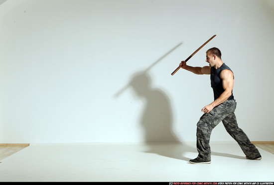 Man Adult Athletic White Fighting with sword Moving poses Casual