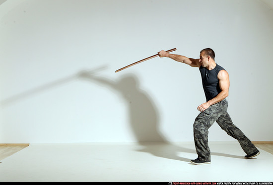 Man Adult Athletic White Fighting with sword Moving poses Casual